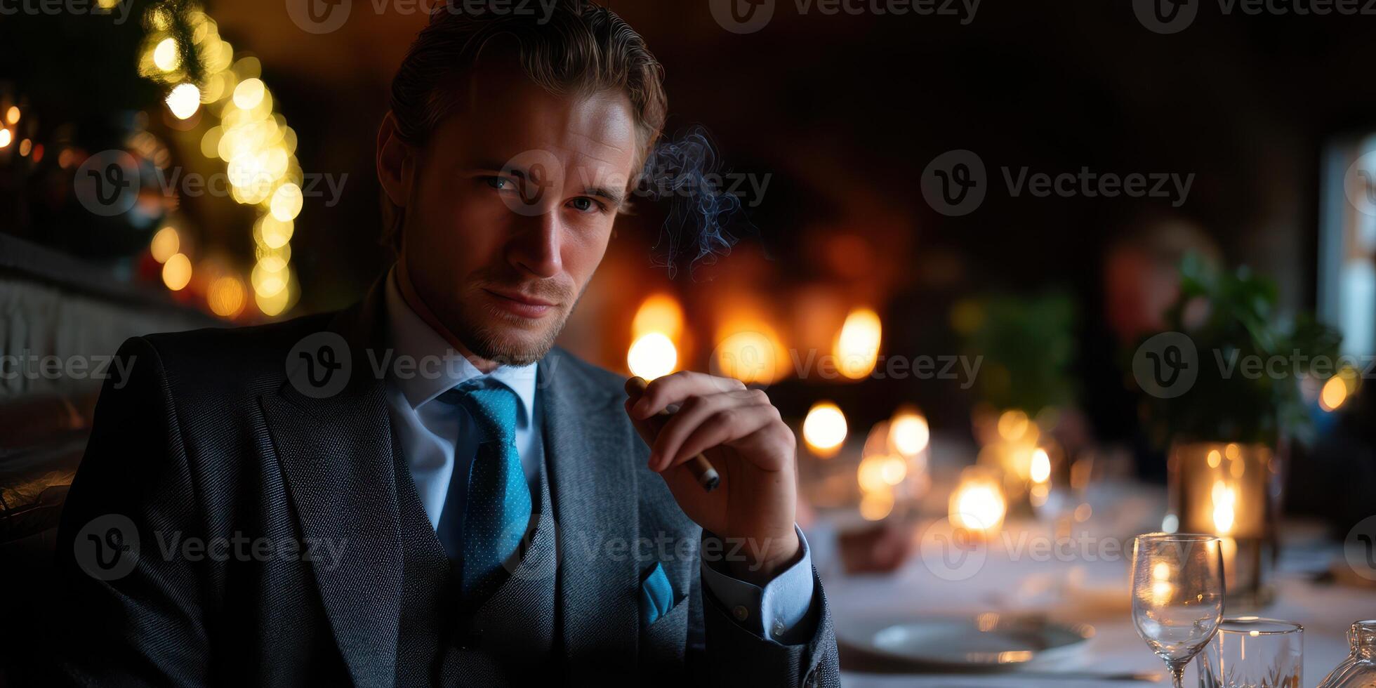 Elegant man enjoying a cigar in a dimly lit, luxurious dining setting during a cozy evening gathering photo