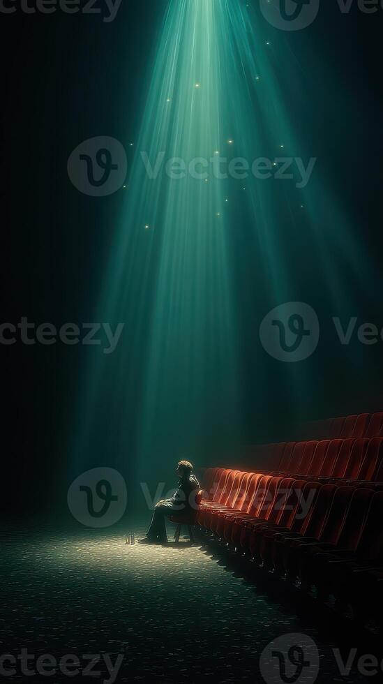 Lonely figure seated in an empty theater under a bright spotlight with red chairs in the background photo