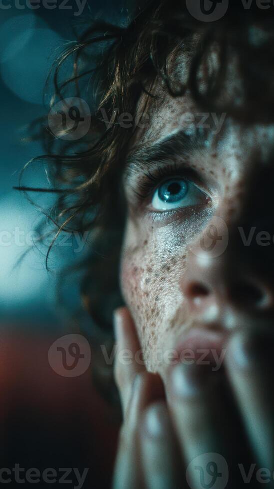 Intense gaze of a young person with freckles and curly hair captured in low light during a reflective moment photo
