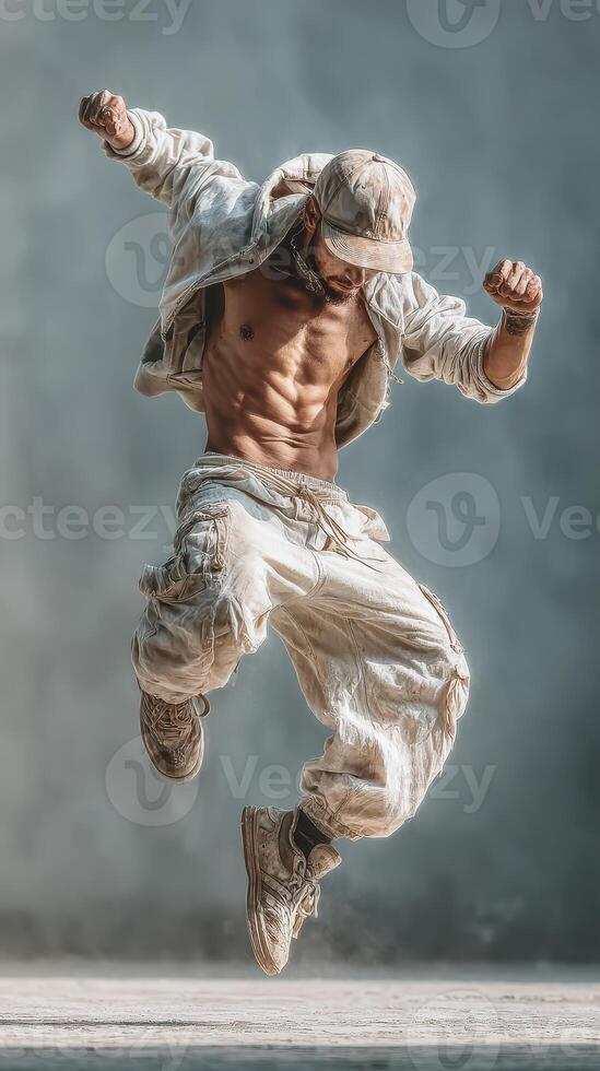 Dancer performs dynamic move in urban setting during afternoon light showcasing athleticism and expression photo