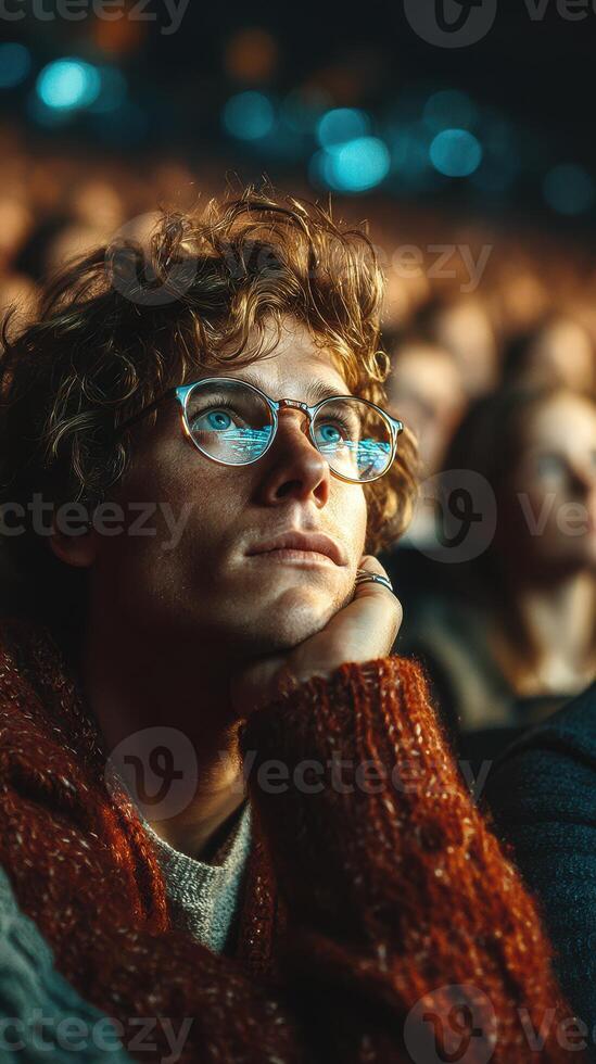 Crowd watches performance with intensity during evening event at a concert hall in autumn photo