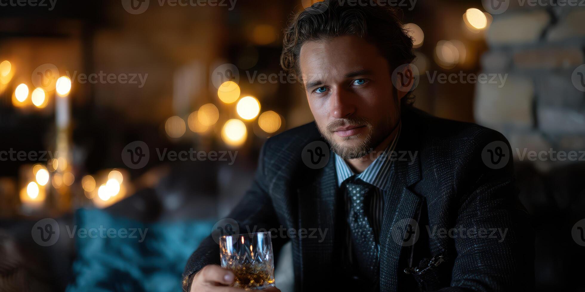 Stylish man enjoying a drink in a cozy, illuminated lounge on a winter evening photo