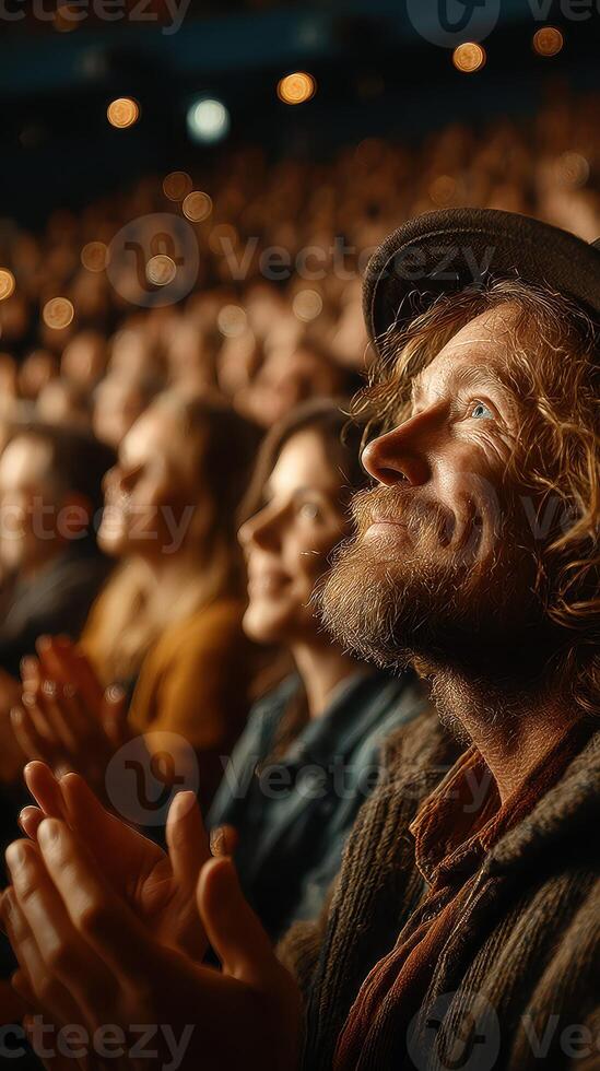 Audience captivated by performance at a live event on a lively evening photo