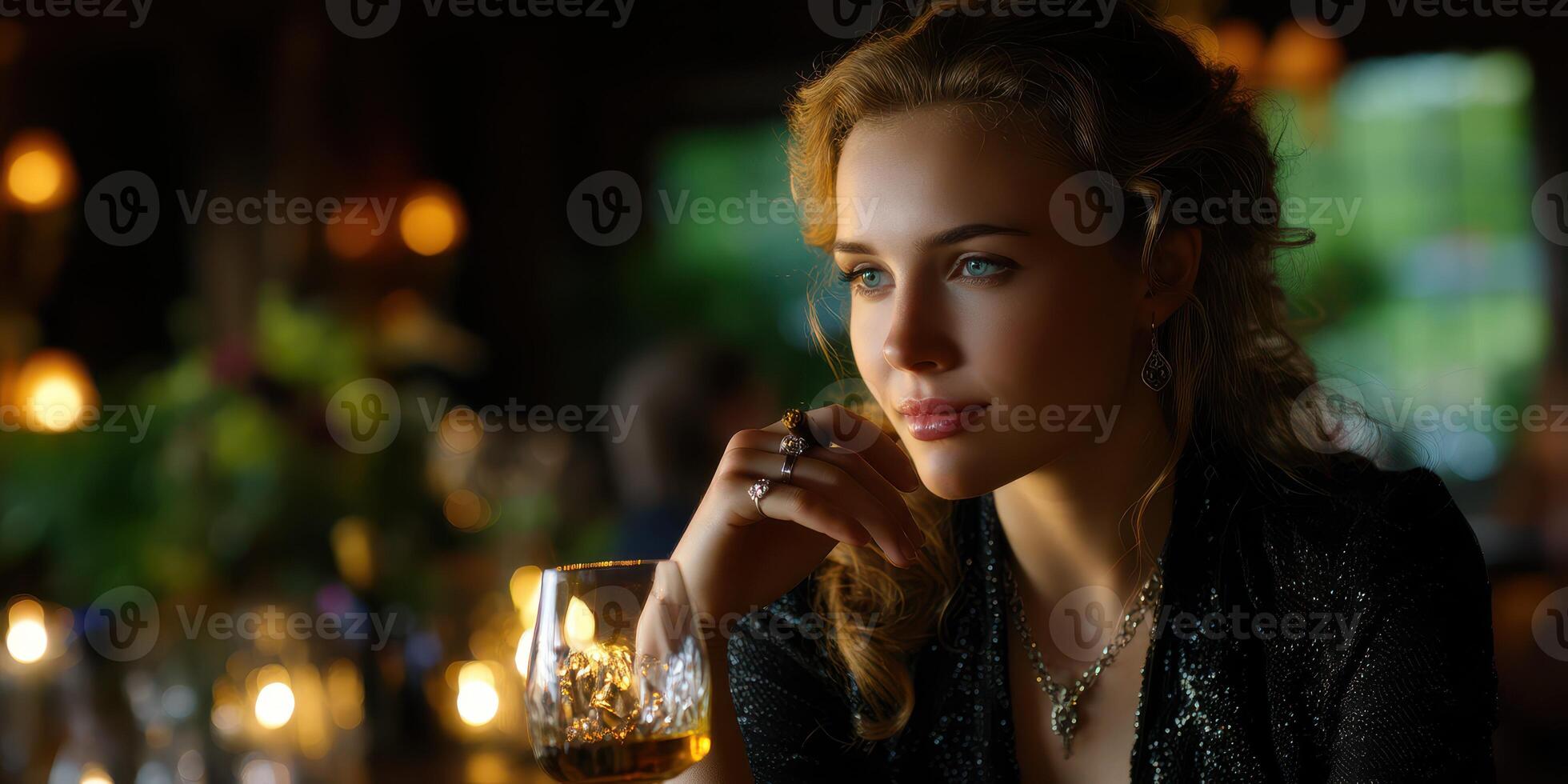 Elegant woman enjoying a drink at a candlelit dinner in a cozy restaurant setting photo