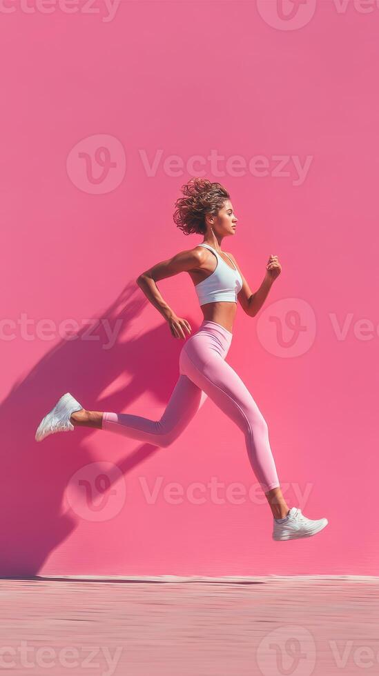 Runner in bright pink workout attire leaps against vibrant pink wall during mid-morning exercise session photo