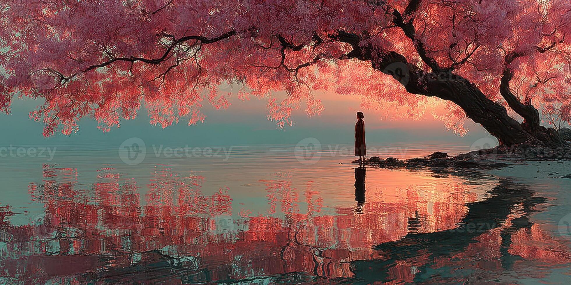 Tranquil silhouette at twilight under a blooming cherry blossom tree by a calm lake photo
