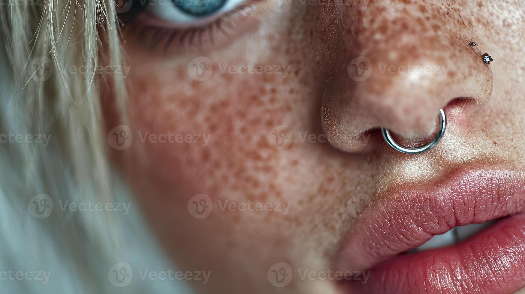 Close-up view of a person with freckles and a nose ring in natural light showcasing facial features and expression photo