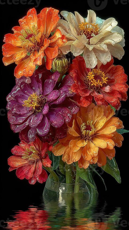 Colorful bouquet of zinnias displayed against a dark background with raindrops on petals photo