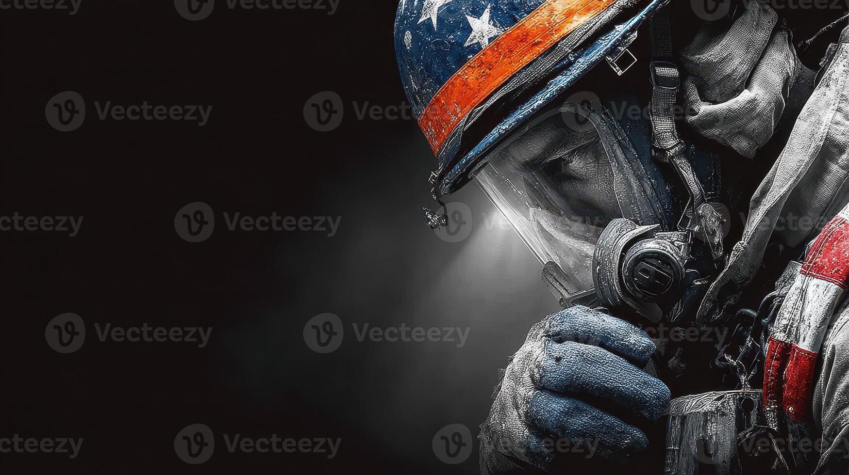 Firefighter in protective gear reflects on duty during a nighttime rescue operation photo