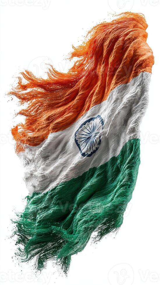 Colorful representation of the Indian flag flowing in the wind with vibrant hues of orange, white, and green photo