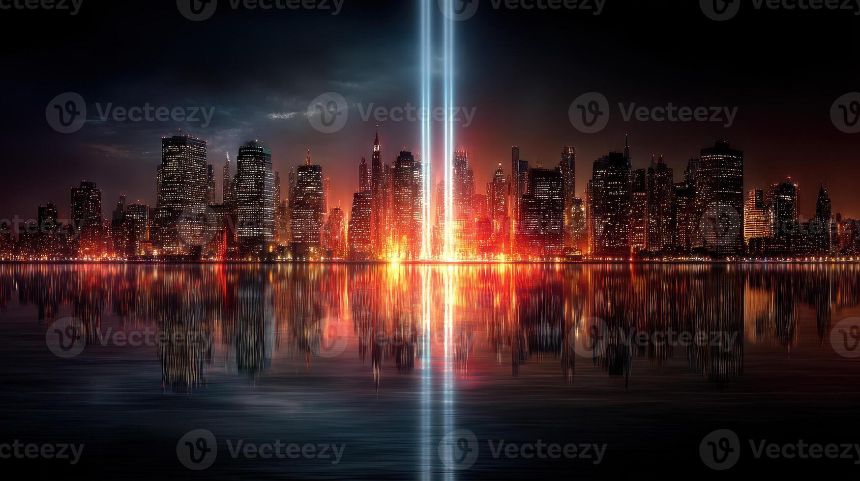 Dramatic skyline of New York City illuminated at night with bright beams shining into the sky photo