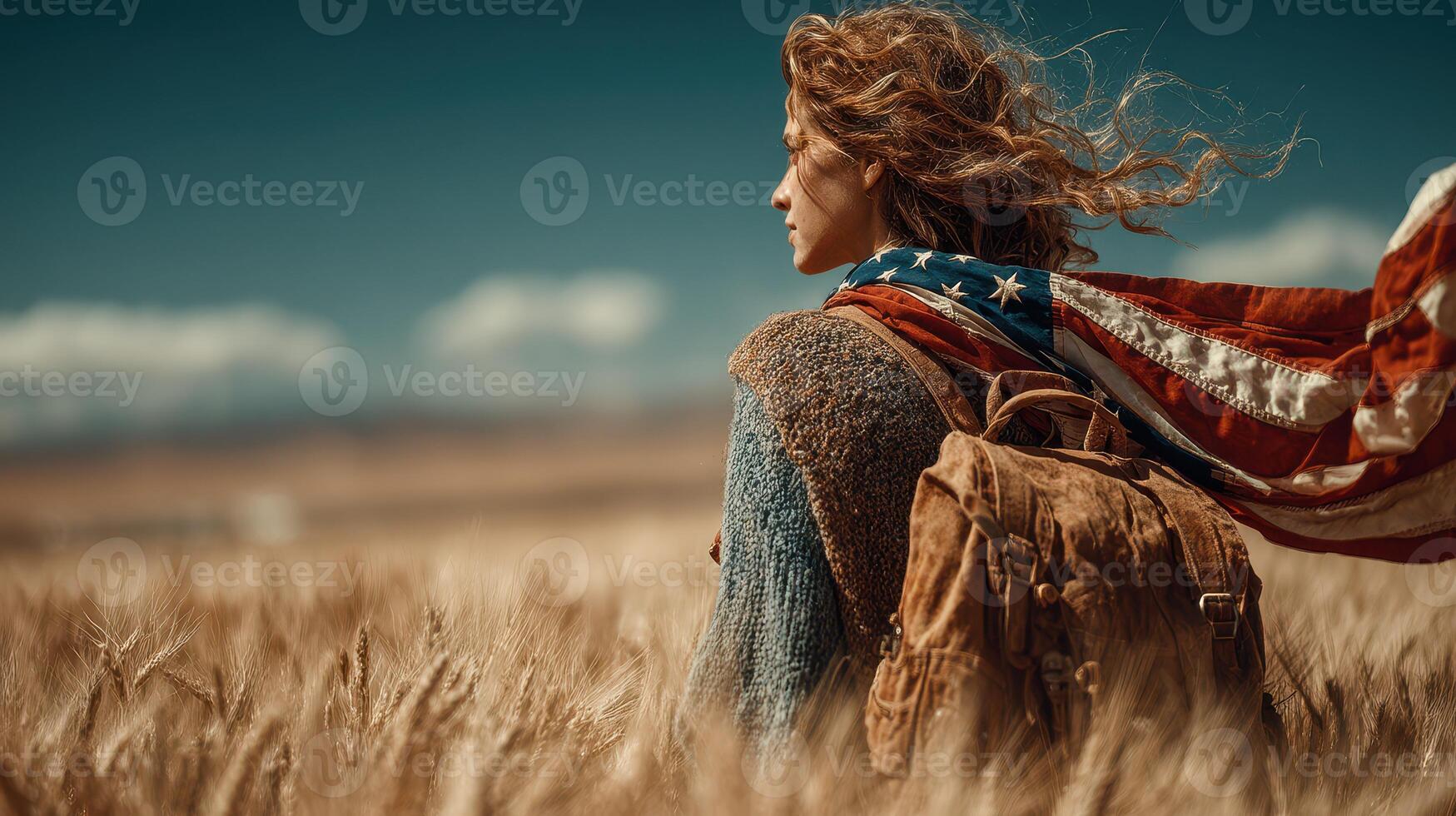 Journey of a traveler amidst golden fields with a flag-wrapped shoulder in a vast landscape under blue skies photo