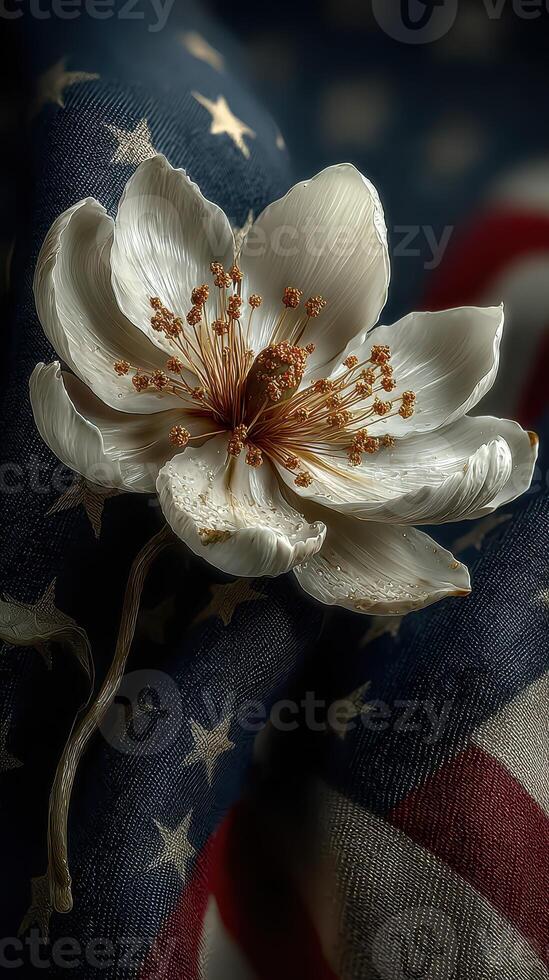 White flower resting on a backdrop featuring American flag colors and patterns in a unique artistic composition photo