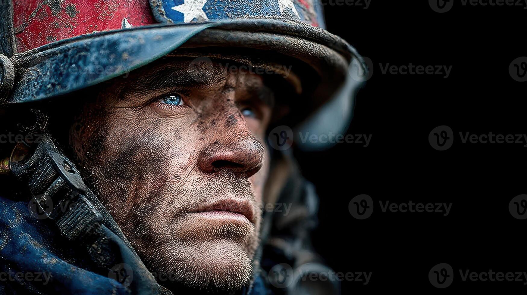 Soldier with blue eyes and weathered face shows determination during a military operation in a war-torn area photo