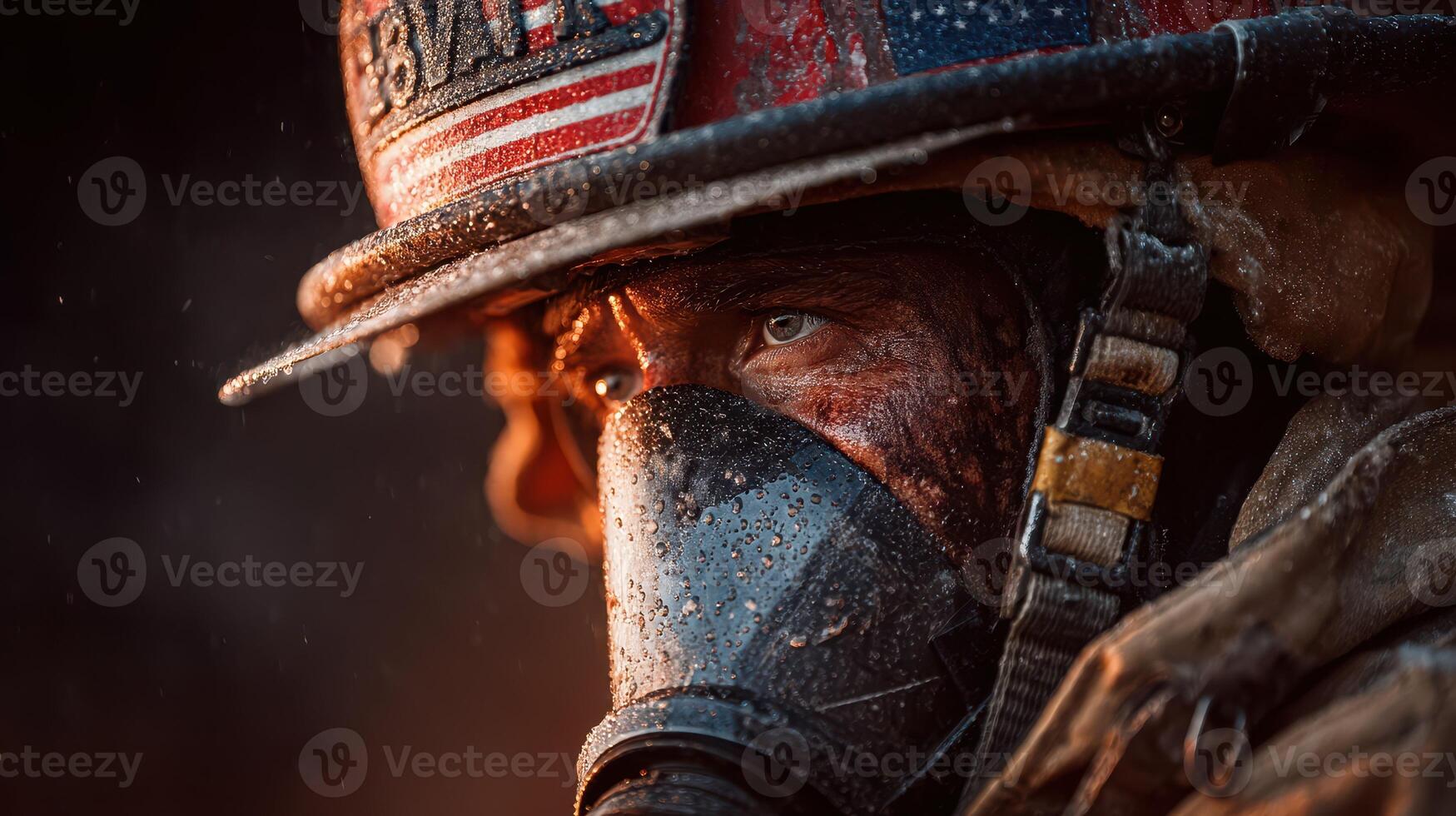 Firefighter in action wearing a mask during a challenging rescue operation at a fire site in the evening glow photo