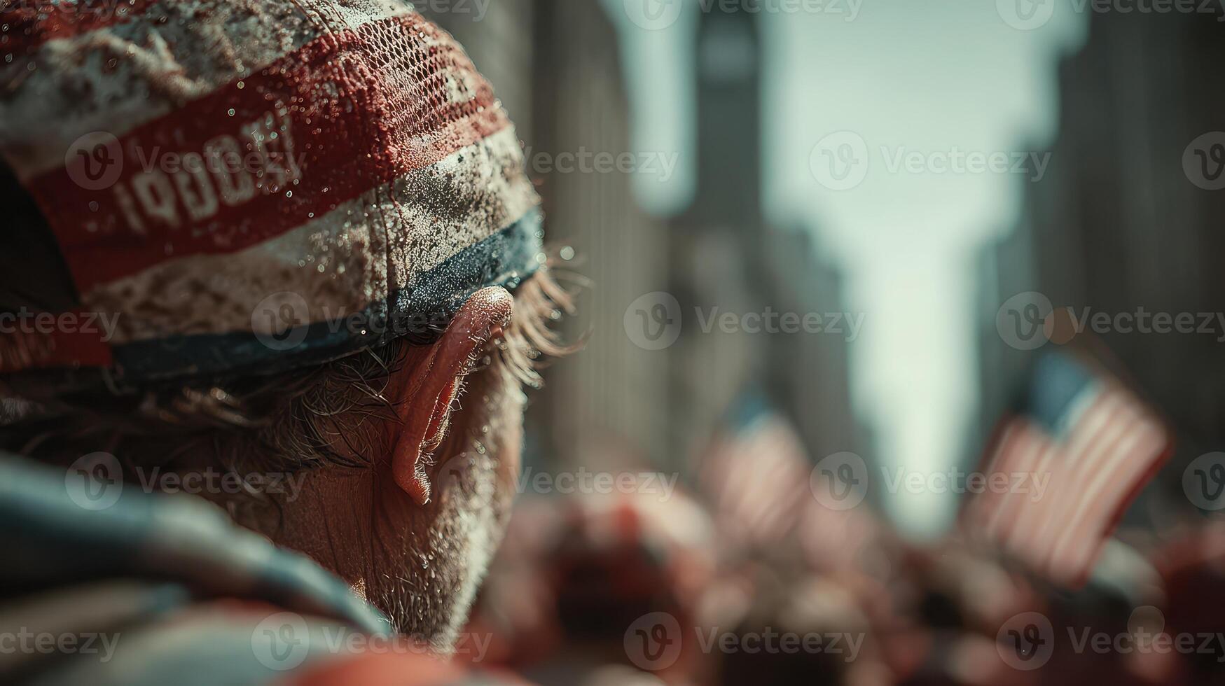 Crowd of patriotic individuals celebrating in the city wearing USA-themed attire during a daytime event photo