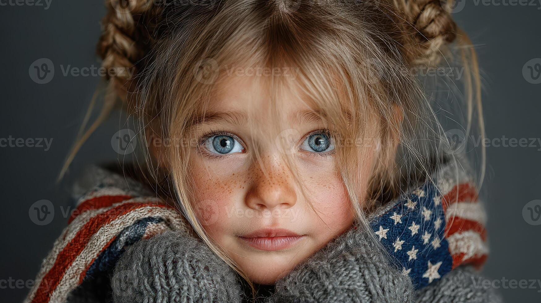 Young girl with braided hair wrapped in a cozy sweater holding an American flag indoors during a quiet afternoon photo