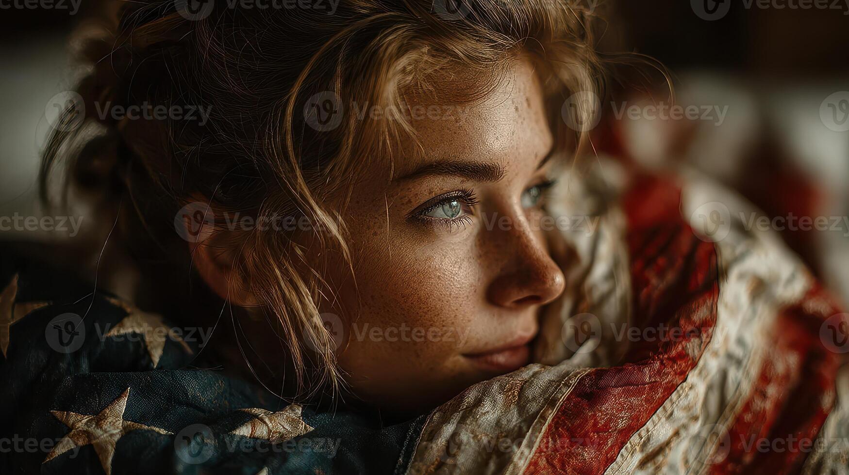 Portrait of a young woman wrapped in a vintage American flag reflecting on her surroundings indoors in the late afternoon light photo