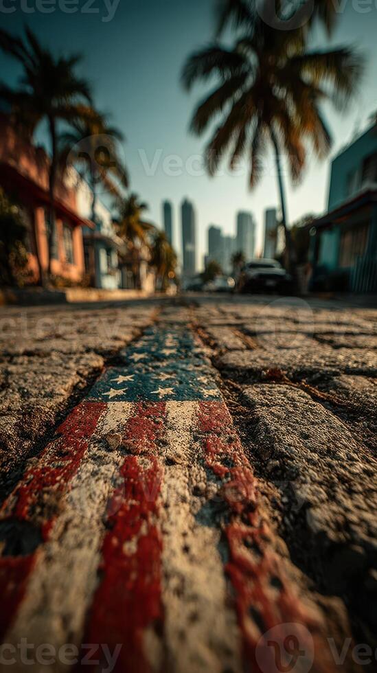 Vibrant street view with weathered American flag and palm trees in urban setting at sunset photo