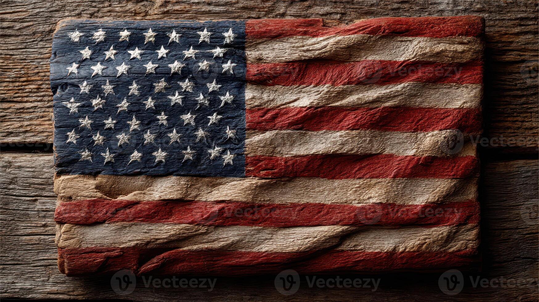 Wooden American flag art piece displayed on rustic wooden background in a cozy interior setting photo