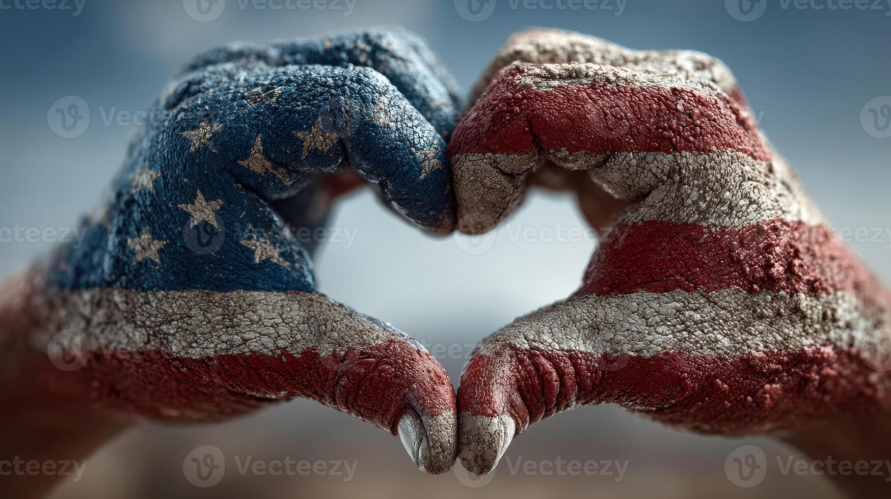 Hands painted in American flag colors forming a heart shape to symbolize patriotism and unity during a celebration in summer photo
