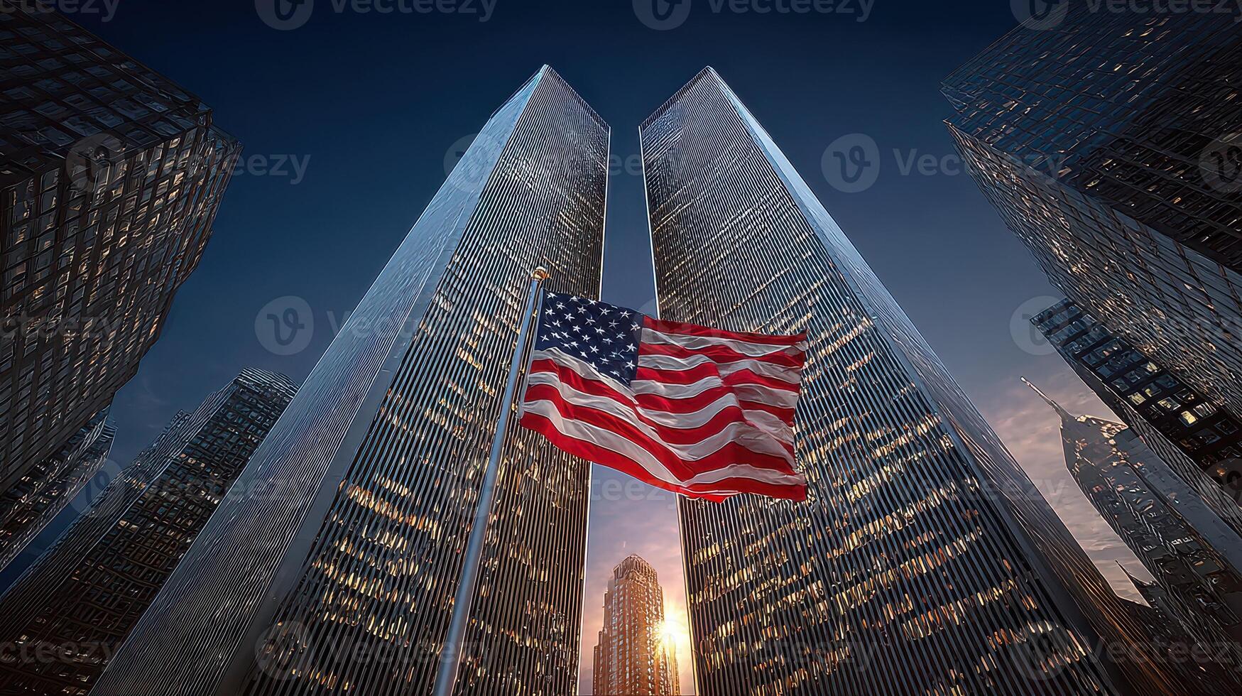 Twin skyscrapers stand tall with an American flag waving in front during twilight in a bustling cityscape photo