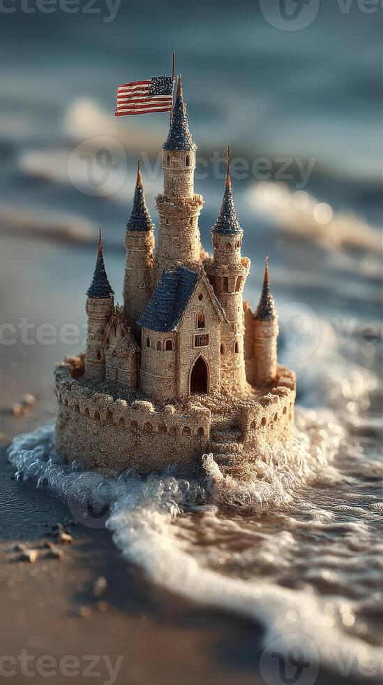 Sandcastle with small flag on a beach during sunset near gentle ocean waves creating a serene summer atmosphere photo
