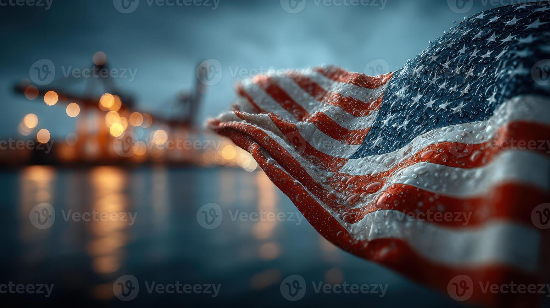 American flag waves in the rain near a harbor with distant industrial cranes at dusk photo