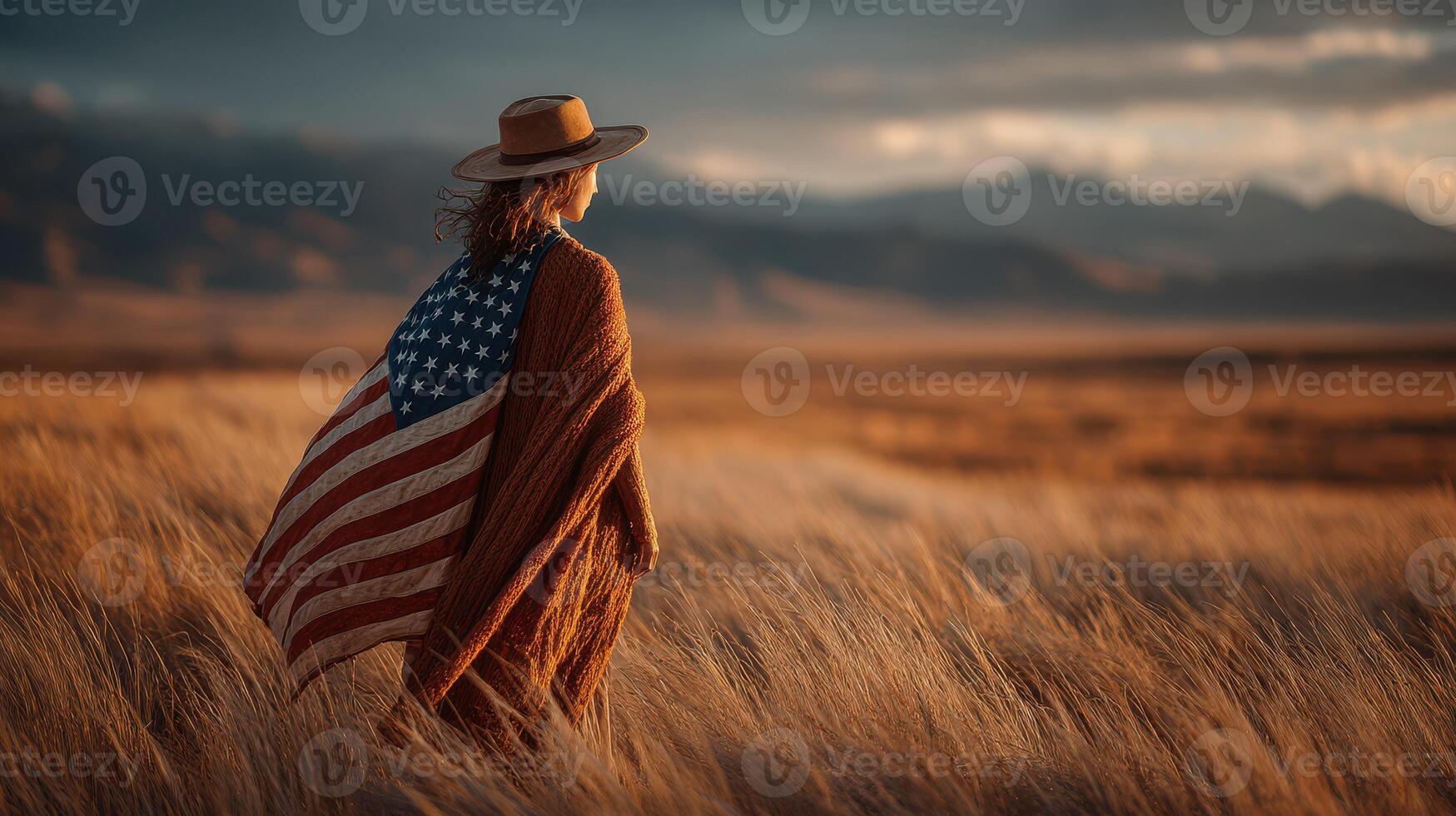 Woman draped in American flag walks through golden grass during sunset in vast landscape photo