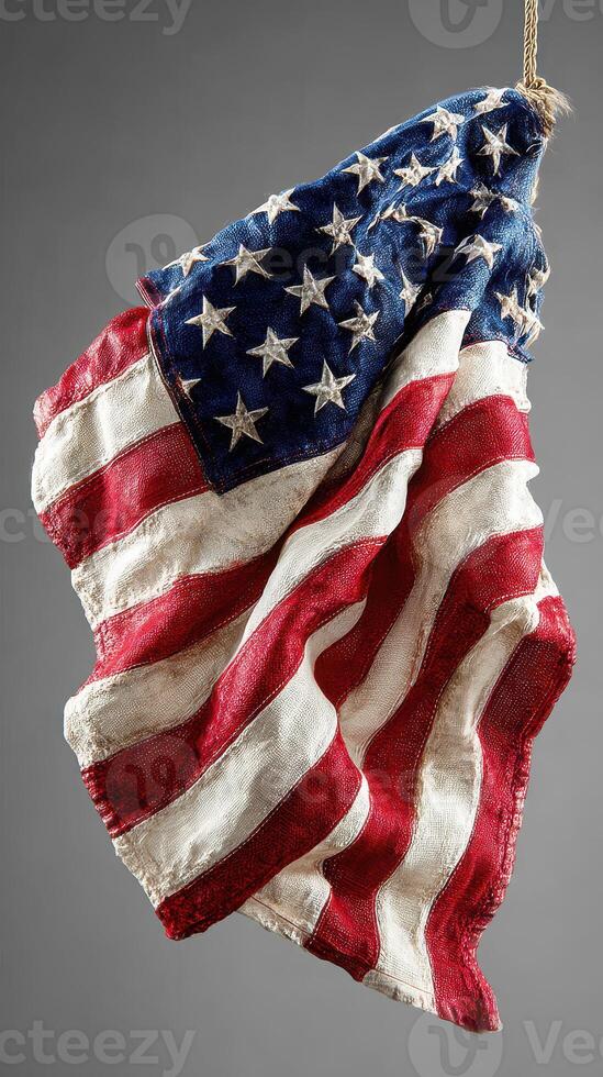 Old American flag hanging on a rope, showcasing wear and fading in a studio setting with gray background photo