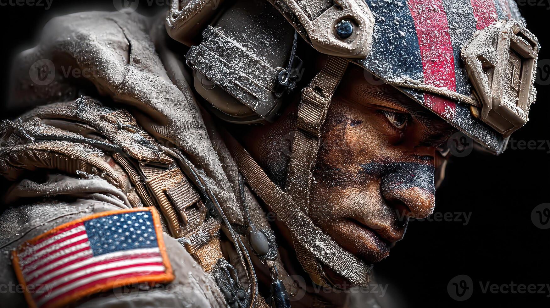 Soldier in military gear with battle scars stands resolutely in a snow-covered environment during a tense operation at dusk photo