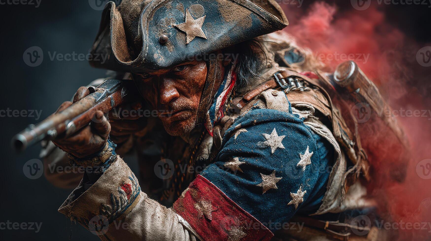 Historical reenactor dressed as a Revolutionary War soldier aiming a musket with patriotic attire and intense expression during a battle recreation photo