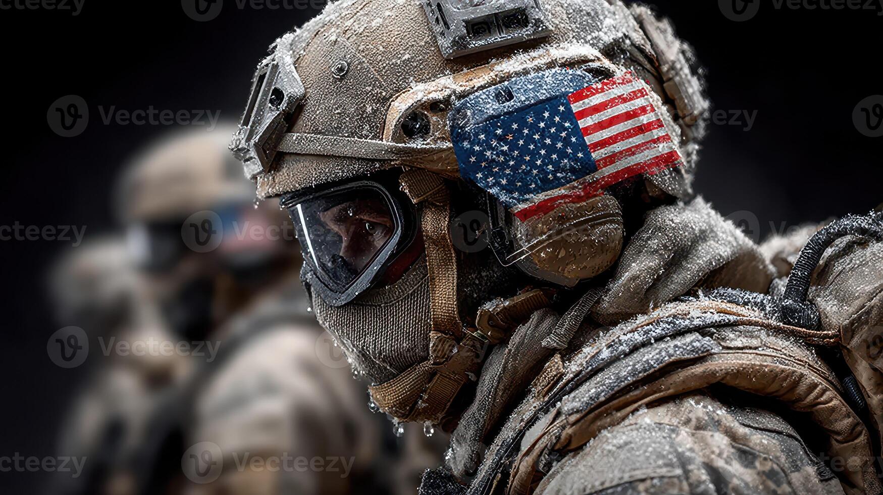 Soldiers in winter gear with flag patch preparing for mission in cold environment during nighttime photo