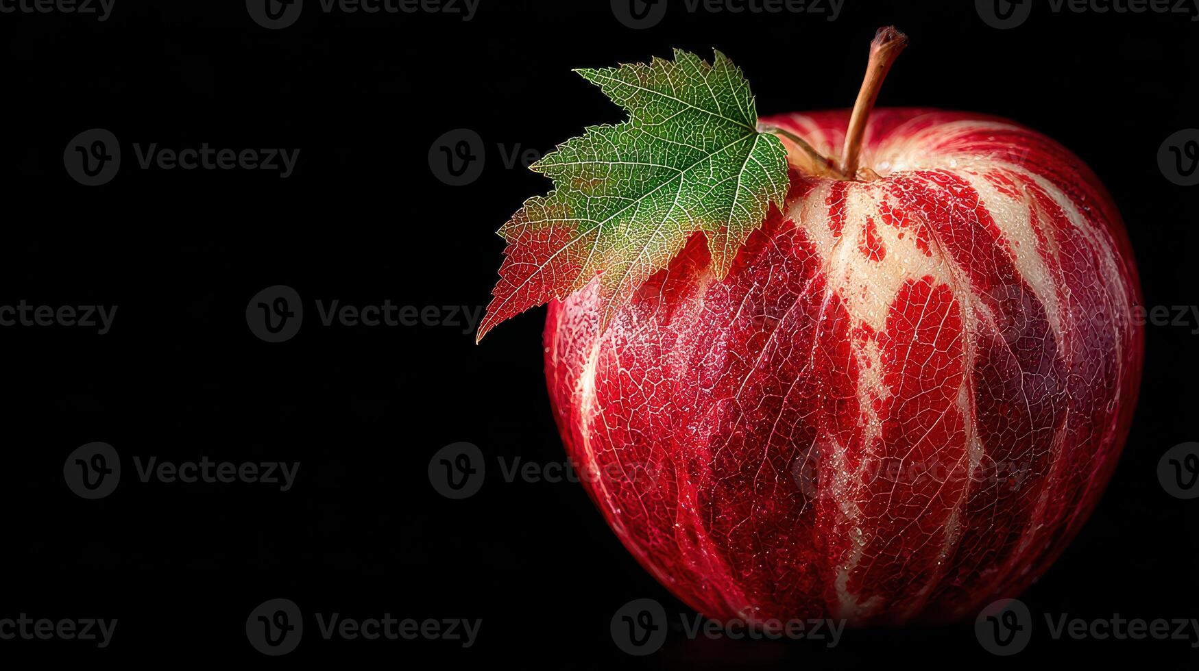Bright red apple with a leafy stem resting on a black background showcasing natural beauty and texture photo