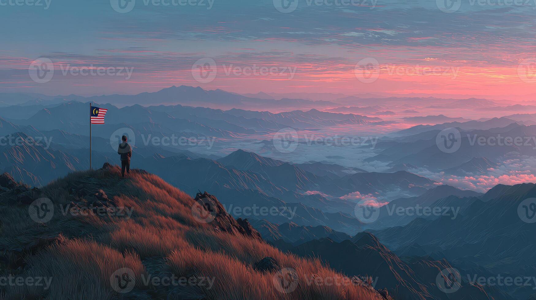 Sunset view from mountaintop with flag and lone figure overlooking valley in Malaysia photo