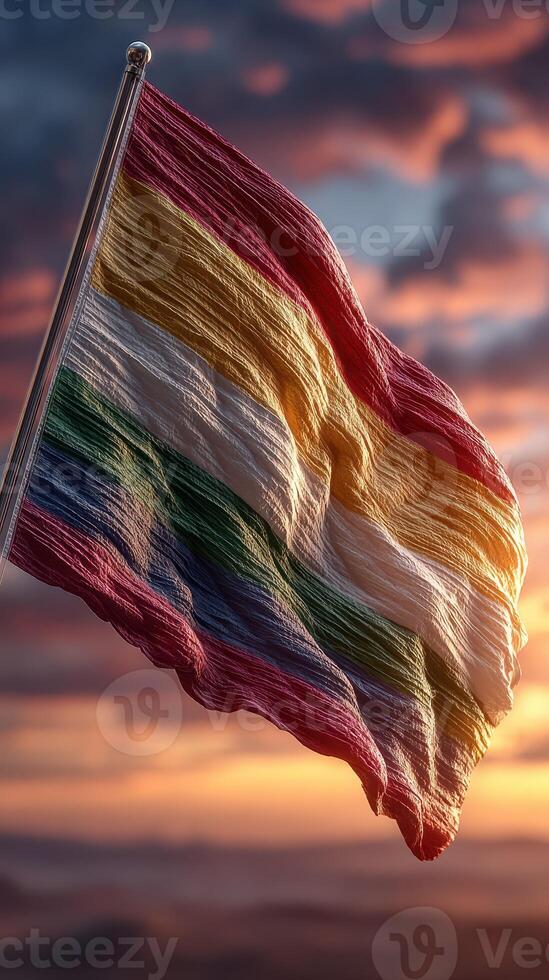 Vibrant flag fluttering against a colorful sunset sky with dramatic clouds creating a captivating atmosphere photo