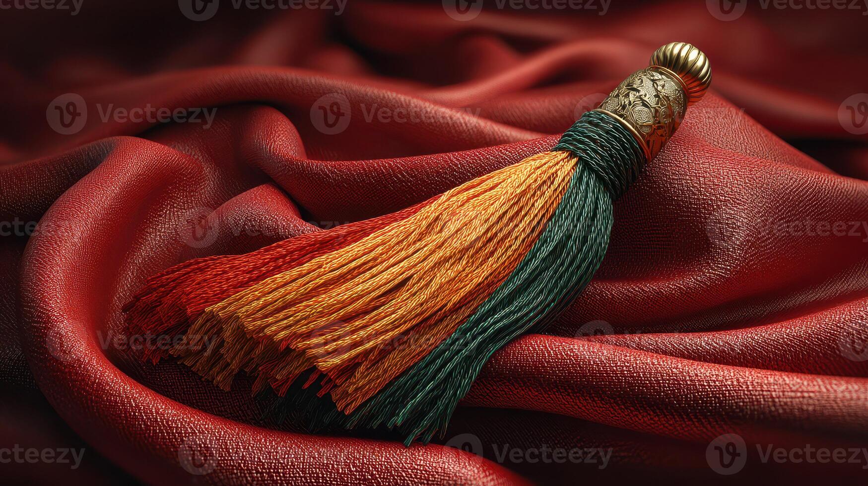 Colorful decorative tassel resting on rich fabric creates an elegant display of craftsmanship and texture photo