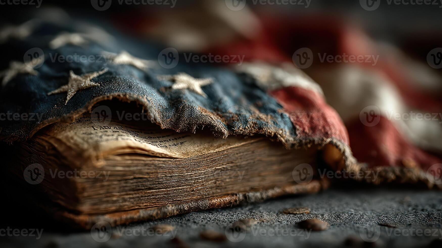 Vintage American flag draped over a worn book with historical significance in a softly lit setting photo