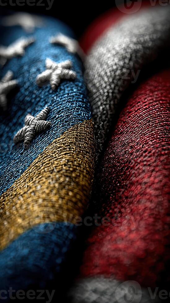 Close-up view of a textured American flag showcasing vibrant colors and intricate stitching details in a dramatic light setting photo