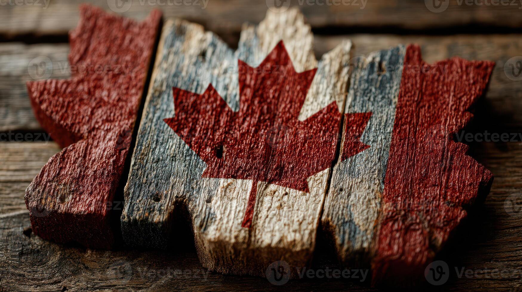 Rustic wooden representation of the Canadian flag with a natural texture on a dark wooden background photo
