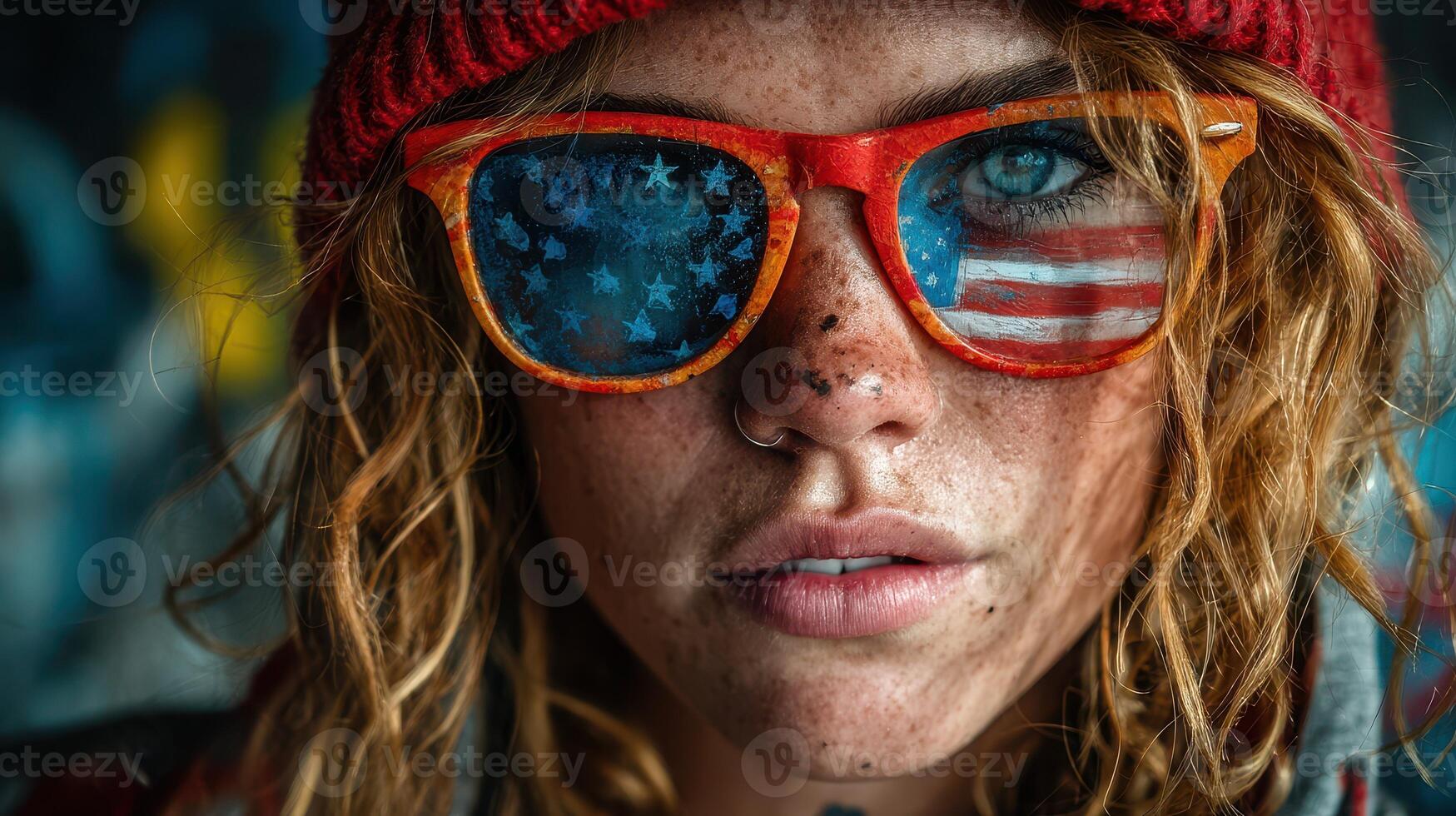 Woman with colorful sunglasses reflecting the American flag in an urban setting with vibrant graffiti art background photo