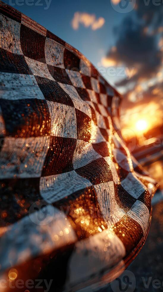 Checkered flag waving in the sunset at a racetrack on a warm summer evening near a coastal road photo