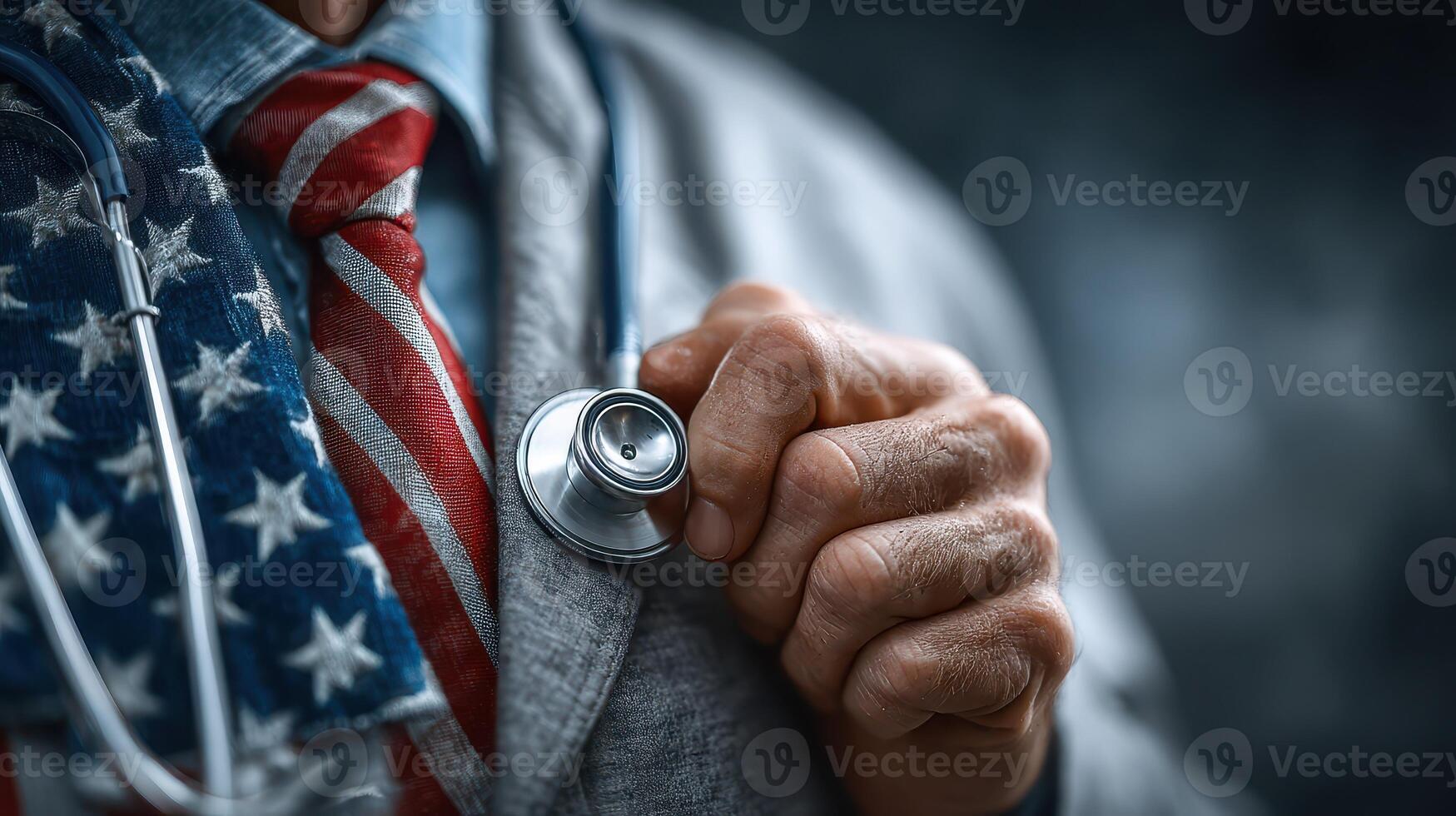 Health professional in formal attire shows commitment to care with stethoscope near American flag emblem in meditative moment photo