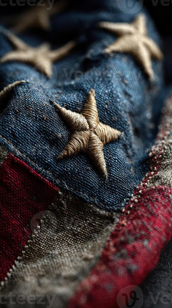 Close-up of vintage flag texture with detailed stitching in shades of red, white, and blue displayed on fabric photo