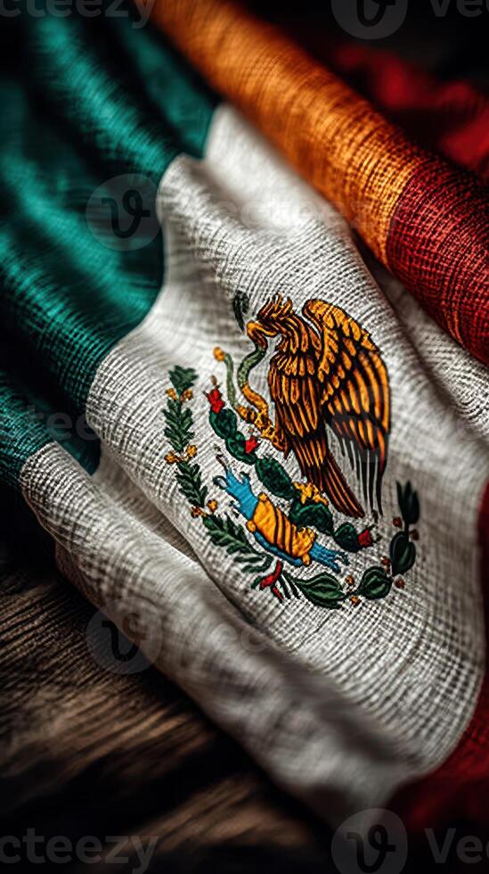 Mexican flag displayed on a rustic wooden surface showcasing vibrant colors and intricate emblem symbolizing national pride photo