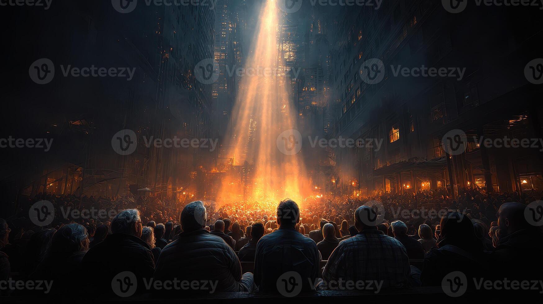 Crowd watching a dramatic light display in an urban environment during a night event in a densely populated area photo