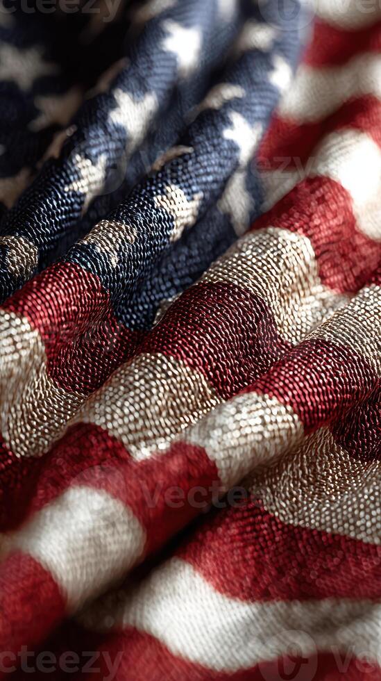 Colors of patriotism on a textured American flag in close-up view highlighting fabric details and folds photo