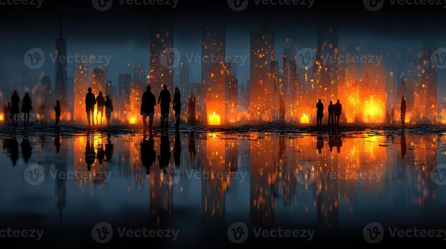 City skyline illuminated by glowing lights and silhouetted figures at dusk in a serene urban setting photo