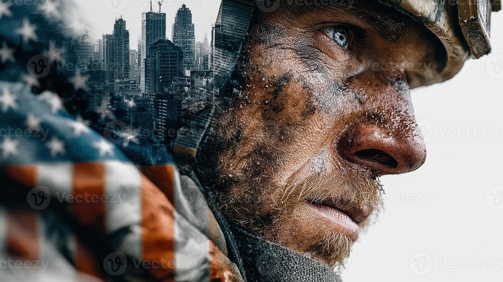 Portrait of a soldier with urban landscape overlay highlighting resilience and strength in city life photo