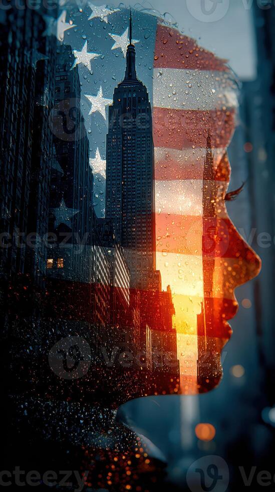 Reflections of hope with an urban skyline and patriotism at sunset photo